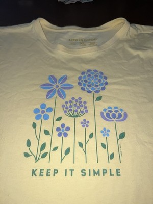 Life is Good Keep It Simple Crew Neck Bright Yellow Flowers T-shirt Women s XL