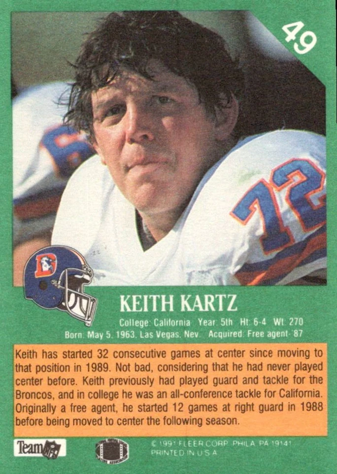 1991 Fleer Keith Kartz Rookie Denver Broncos #49 - Image 2 of 2