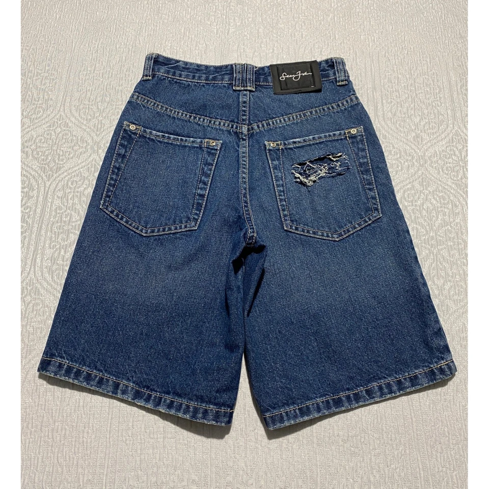 Shorts jeans Sean John masculino tamanho 10 azul hip hop skatista desgastado - Imagem 2 de 4