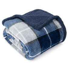 Blue Navy Plaid Sherpa Throw Blanket for Couch Twin, Plush Flannel Fleece, So...