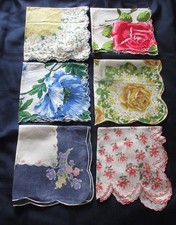 Vintage Floral Hanky Lot of 6 Hankies Poppy Rose Violet Daisy Camillia Scalloped