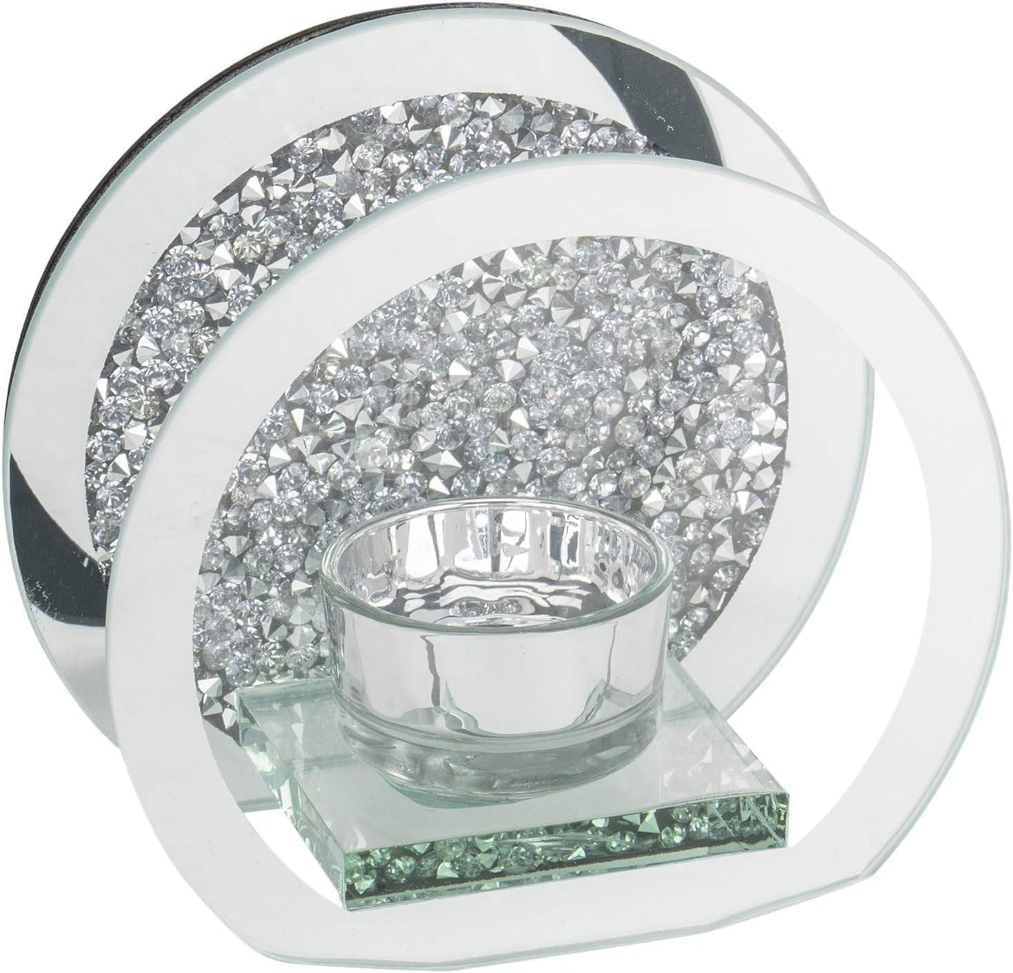 SERENA'S round Crushed Diamond Crystal Tealight Candle Holder Clear Silver Mirro