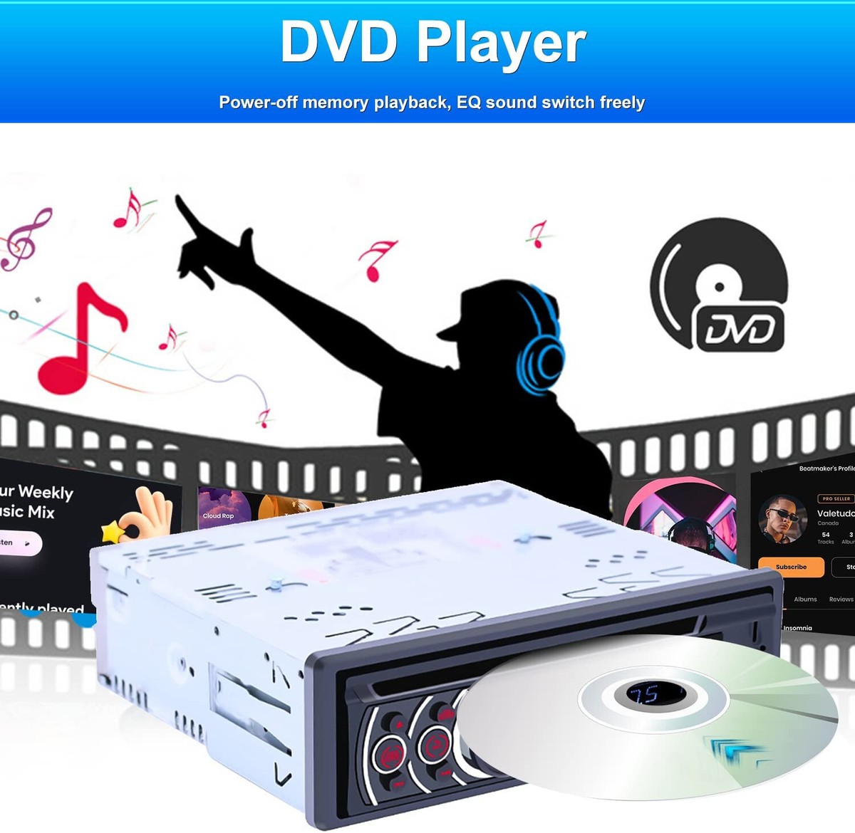 Single Din Car Radio CD Player, Car DVD Player with Bluetooth 