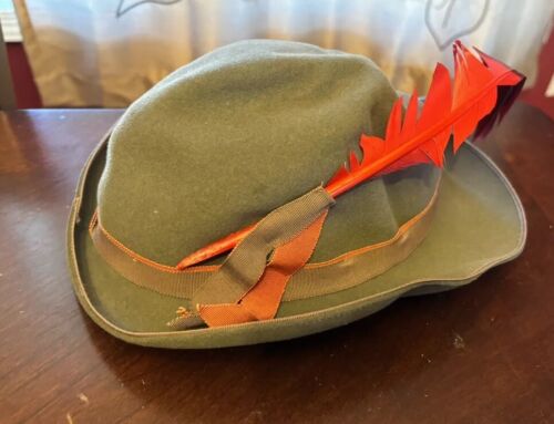 Vintage wool felt Women’s Hat Gray rolled brim Sz 22 Lady Baltimore Red Feather