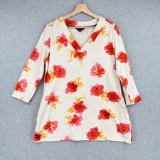 Lands End Top Womens Medium Beige Pink Floral Tunic Pockets Swim Cover Up