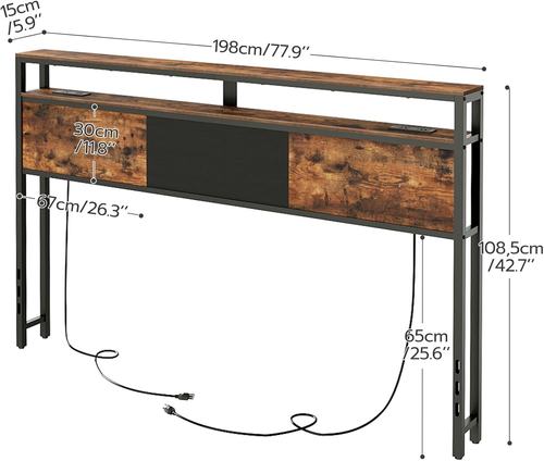 King Size Headboard, LED Headboard with 2 Storage Shelves, Storage Rack with 2 O - Picture 3 of 9