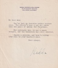 Hedda Hopper signed TLS letter to Ann Rutherford (Gone With the Wind)