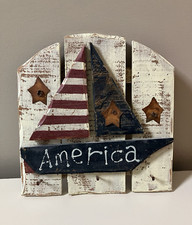 Americana Wood Sign Pegs 4th of July Patriotic Distressed Farmhouse Decor Boat
