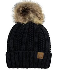 Thick Cable Knit Faux Fuzzy Fur Pom Fleece Lined Skull Cap Cuff Beanie Black