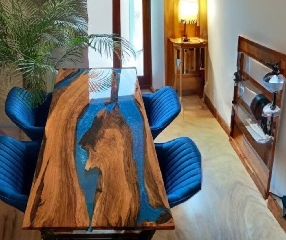 Blue Epoxy River Wood Dining Table for Living Room-image