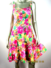 CHAPS SZ 10 Cotton/Spandex Bright Pencilled Flowers Fitted & Flared Tunic Dress