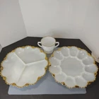 VTg lot Anchor Hocking Milk Glass Egg Dish &Plate Platter Gold Rim/Fireking cup