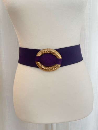 VTG Purple Gold Elastic Cinch Belt Suede Buckle S/M 80s Stretch Eggplant Caftan - Picture 2 of 9