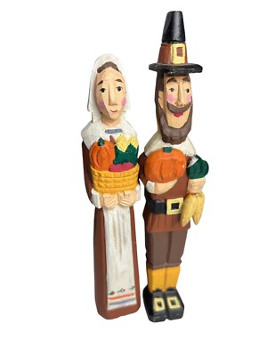 Carved Wood Pilgrim Man Woman Pencil Thanksgiving 9.5'' Midwest Falls Folk Art