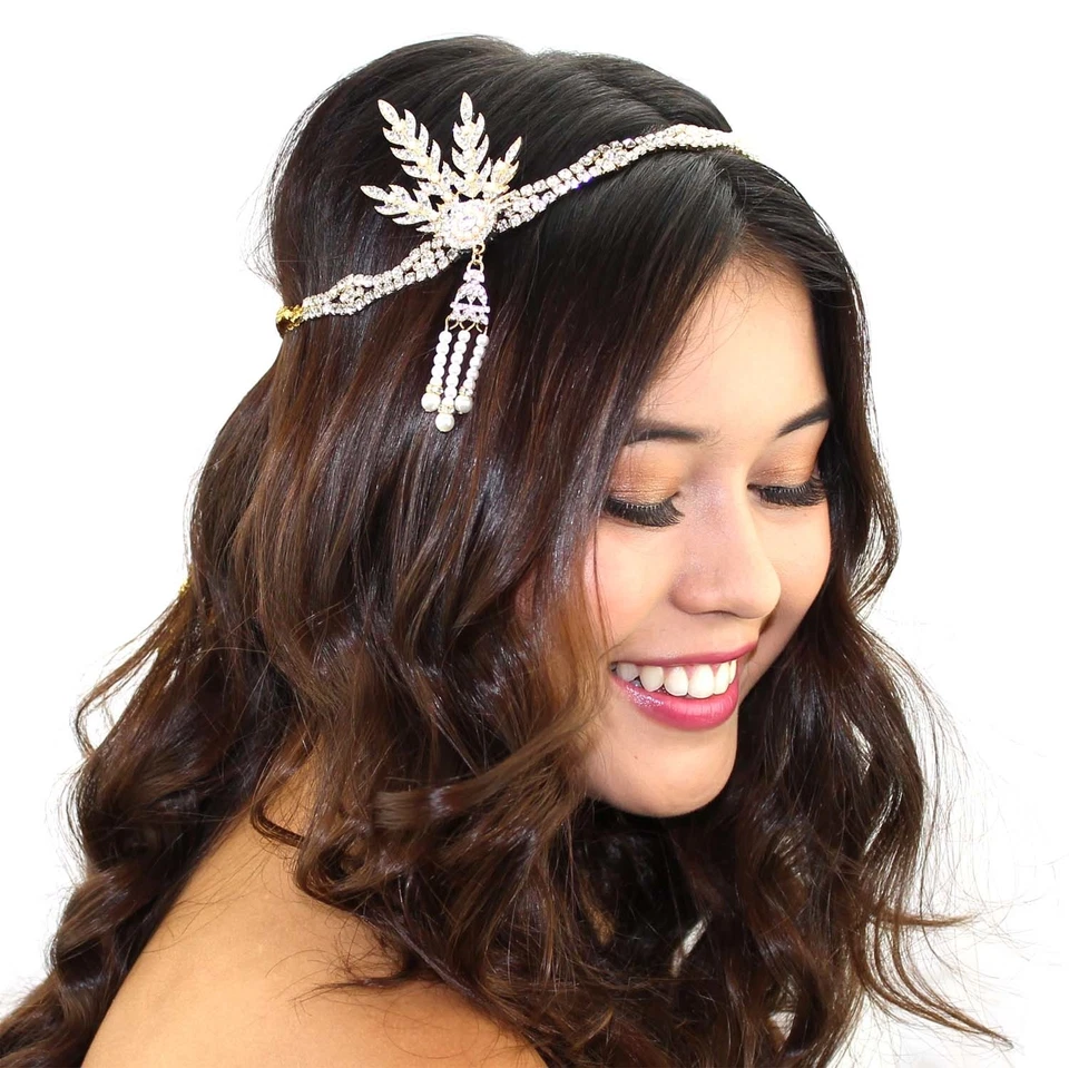 Kristin Perry Años 20 Gran Gatsby Inspirado Hoja Medallón Perla Tocado  Foto 2 de 4