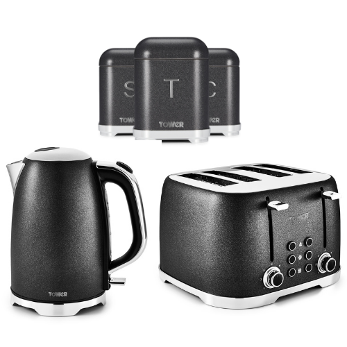 TOWER Glitz Black Noir Kettle 4Slice Toaster & Tea, Coffee, Sugar
