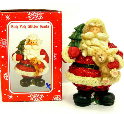 Christmas Roly Poly Glitter Santa Figure - Resin 6'' Tall