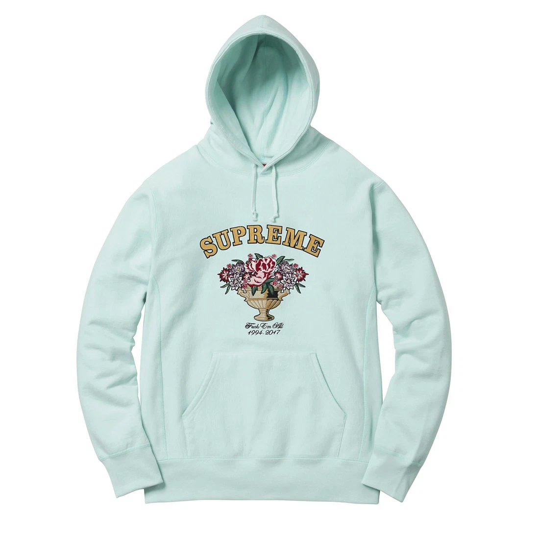 Sweat à capuche homme Supreme NY bleu glace centre de table vase floral logo FW17 AUTHENTIQUE neuf avec étiquette