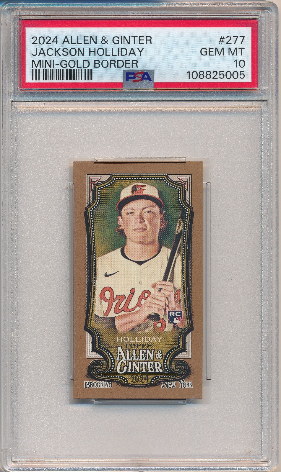 2024 TOPPS ALLEN & GINTER JACKSON HOLLIDAY MINI-GOLD BORDER RC #277 PSA 10
