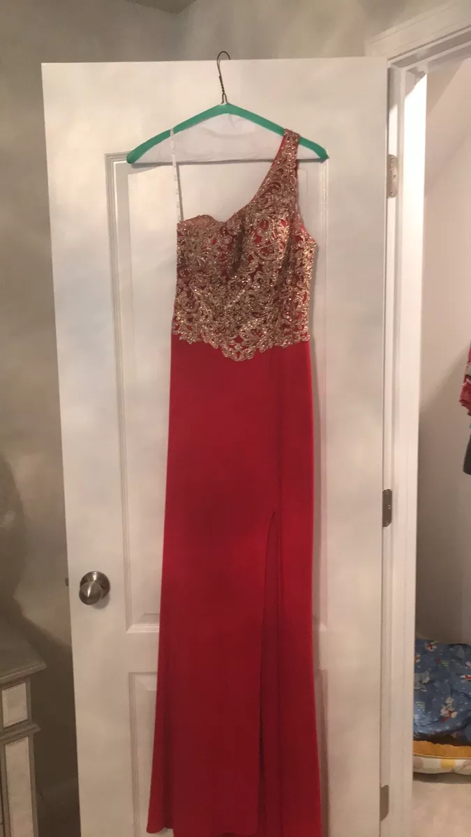 Camille La Vie Red Gold One Shoulder Train Formal Prom Dress Size 4