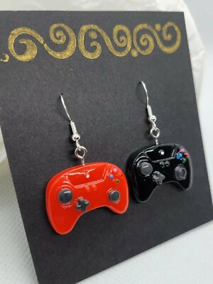 Red & Black Game Controller Charm Earrings With Stainless Steel Hooks