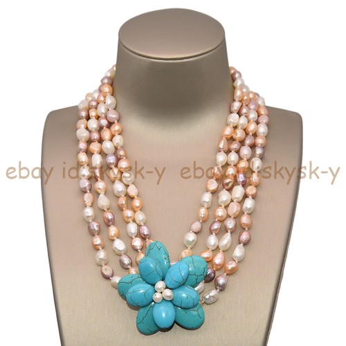 4 Rows 8-9mm Multicolor Baroque Pearl Beaded Turquoise Flower Pendant Necklace - Picture 3 of 4