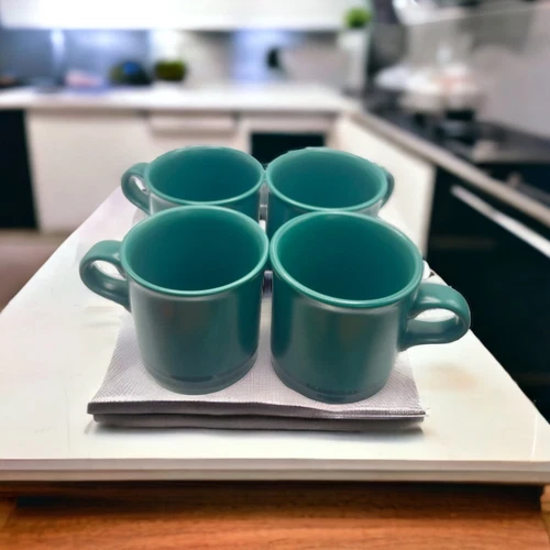 Set of 4  Pfaltzgraff Stoneware Solstice Dark Green & Black Stripe Coffee Mugs