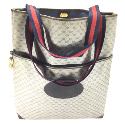 【関税&送料込み】Gucci Handbags Vintage GUCCI Navy Blue Monogram GG Red and Blue Stripe Tote