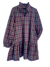 Highland Tartan Plaid Ruffle High Collar Dress Sz Large POCKETS