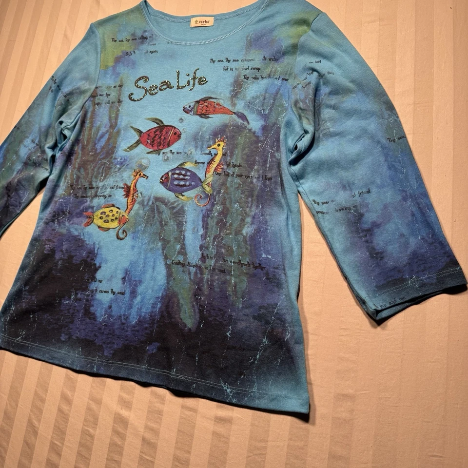 Camisa Cactus Bay Mujer Grande Manga 3/4 Sea Life Pez Estrás Hecha en EE. UU. Foto 4 de 4
