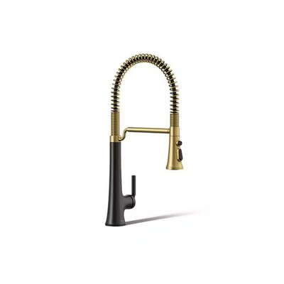 KOHLER Tone Pull Down Sprayer Kitchen Faucet in Matte Black with Moderne Brass