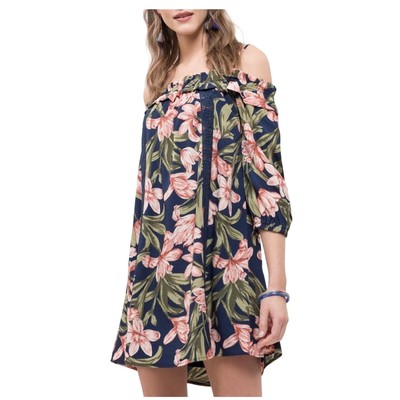 NWT Blu Pepper Medium Hawaiian Aloha Floral Spring Off Shoulder Dress 