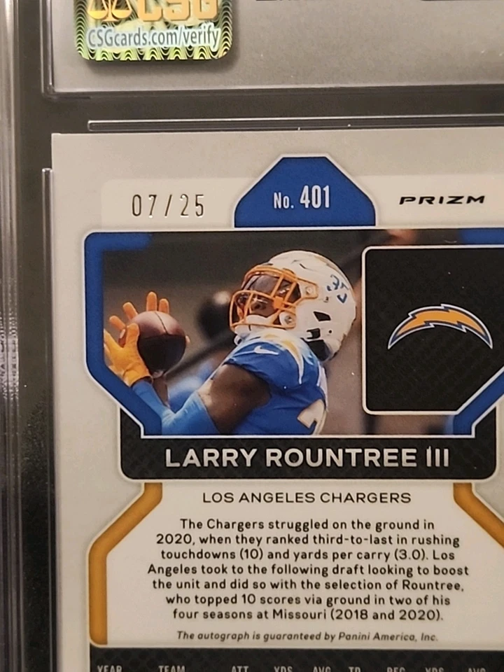2021 Panini Prizm Auto- Rookie Larry Rountree III #401 Camo Prizm RC/25 CSG 10 - Image 2 of 4
