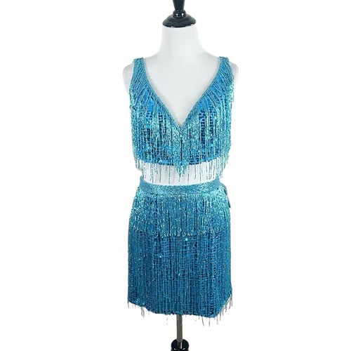 Jovani Fringe Dress Blue Two Piece Sequin Mini Skirt Set - Picture 3 of 9
