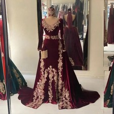 Evening V-Neck Gold Beaded Appliqu d A-Line Trailing Floor Length Prom Dress