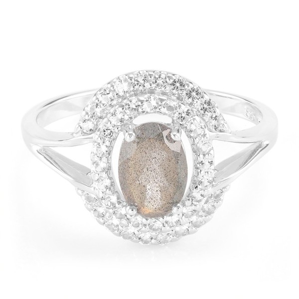 Cavill Damenring Labradorit 925 Silber Oval Madagaskar WeißTopas Halo-image