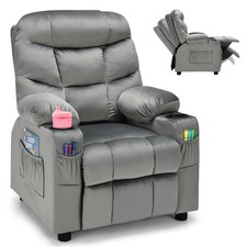 Kids Youth Recliner Chair Velvet Fabric w/Cup Holder  Side Pocket Grey
