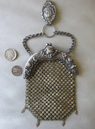 Antique G Silver Art Nouveau Woman Chatelaine Belt Clip Chain Mail Coin Purse