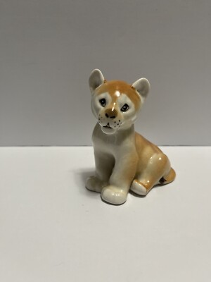 Vintage Lomonosov Ceramic Lion Cub Figurine Glazed Russia Sweet Expression Face
