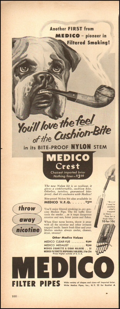 medico cigarette holder 1950's Vintage ad for MEDICO Filter pipes retro Art Dog Price 01/17/21