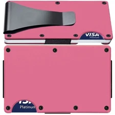 Womens Pink Titanium Carbon Fiber Minimalist RFID Blocking Clip Wallet Gift D7