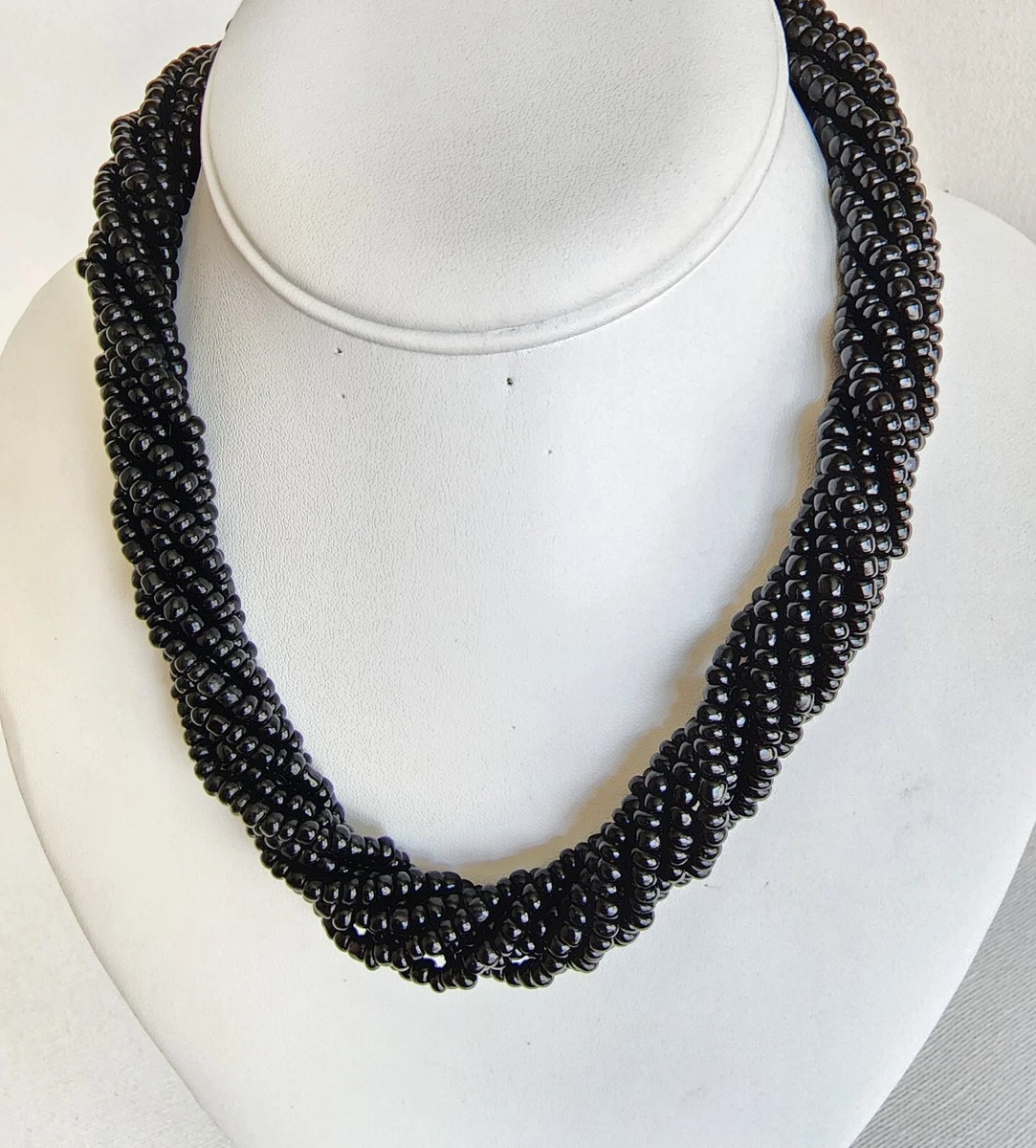 Women Short Black Necklace Strung Glass Seed Beads 20