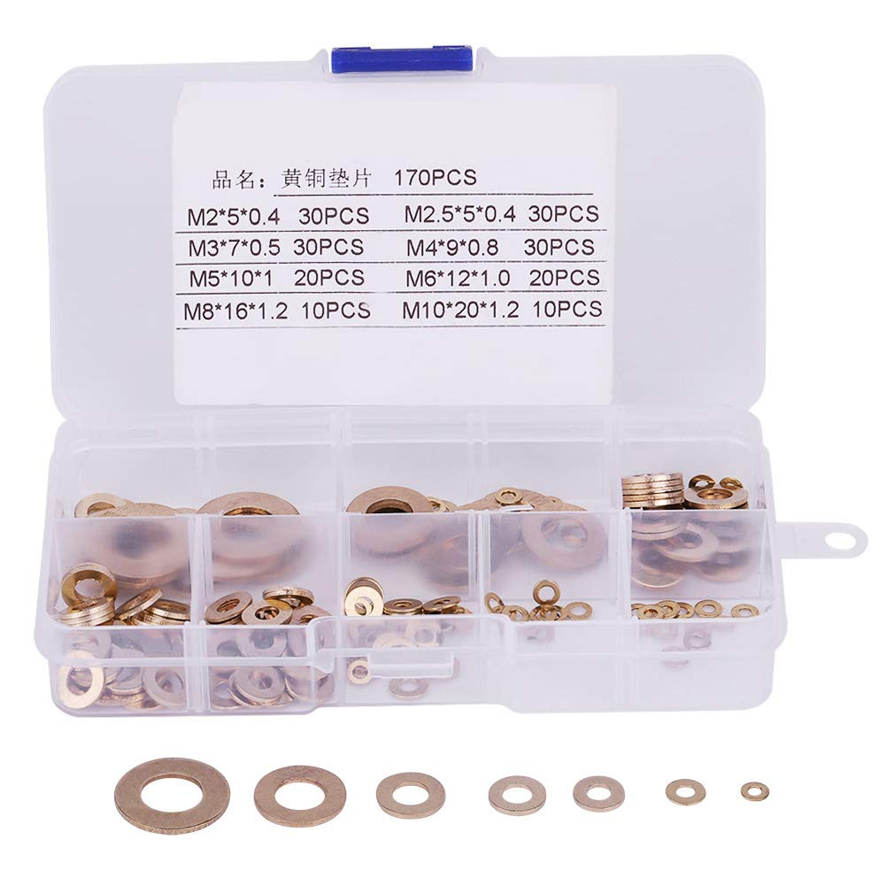 180Pcs Flat Brass Washer Set, Metric Copper O Ring Assortment Flat Sealing Ring