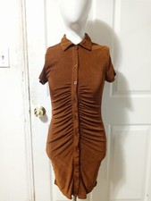 NWT FashionNova Janelle Ruched Shirt Dress Cognac Size S