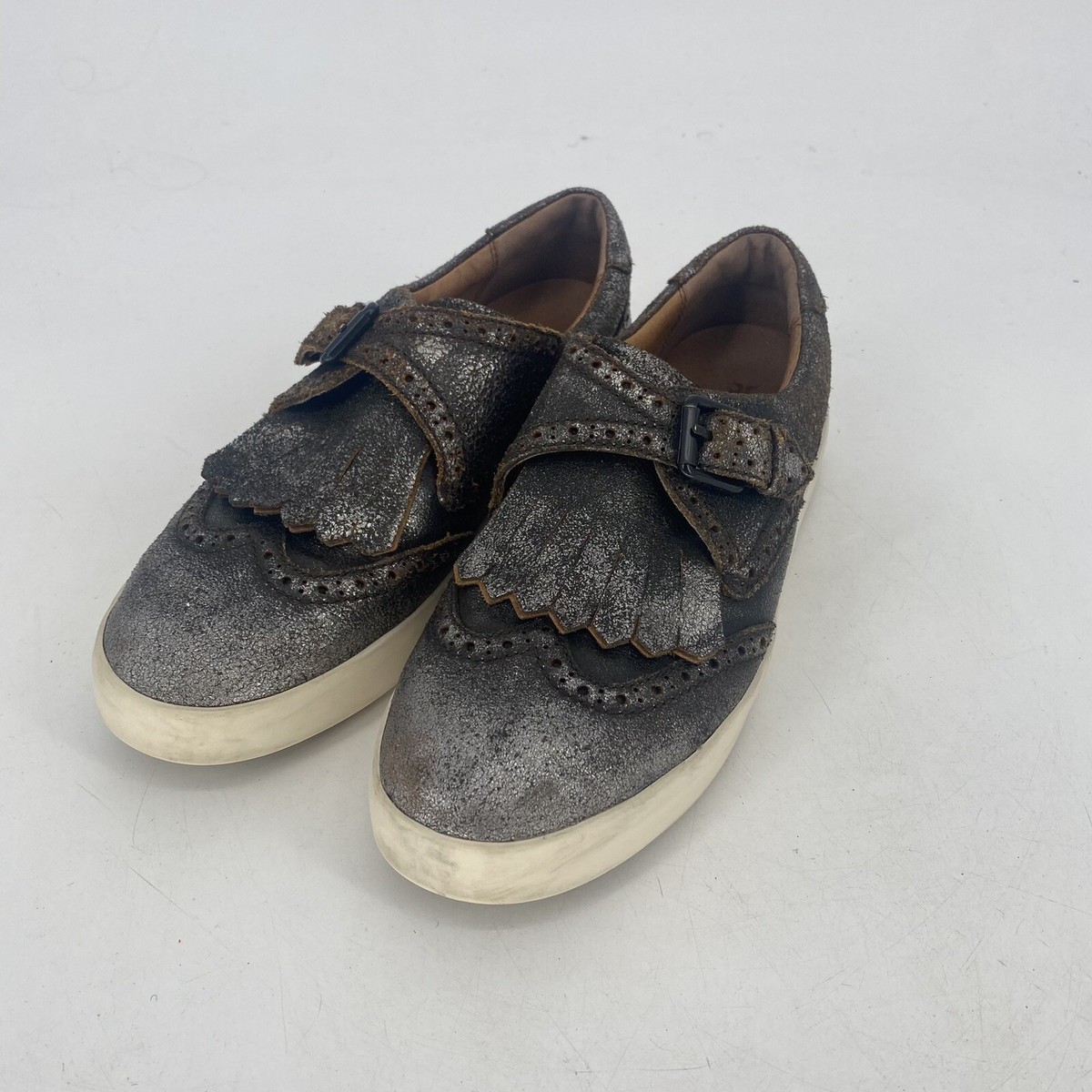 Frye Brea Kiltie Anthrocite Casual Sneaker Buckle Silver Brown Womens Size 