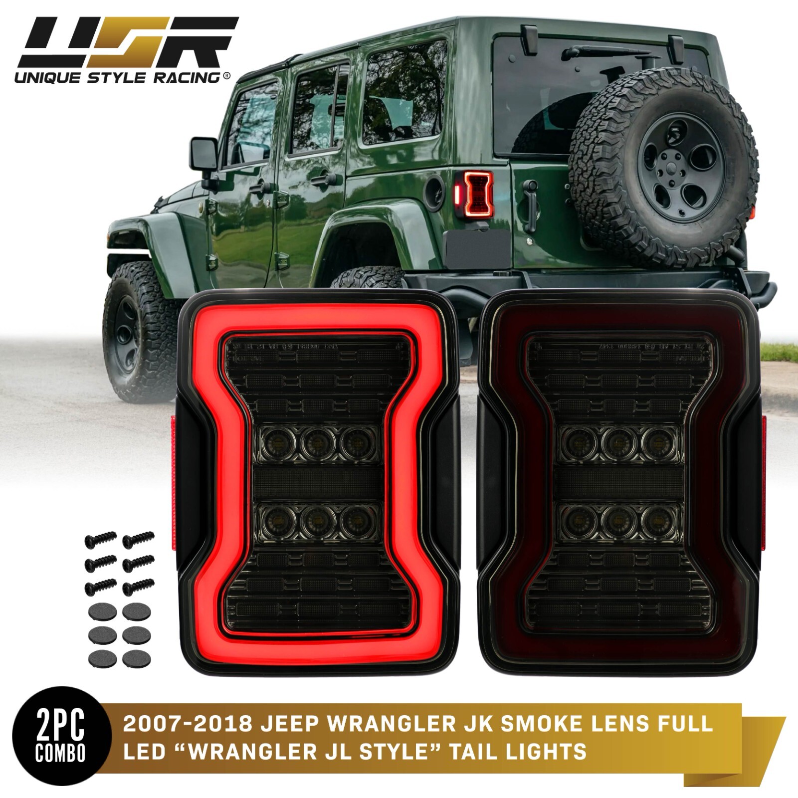 JL Style Smoked Full LED Tail Light Kit for 07-18 Jeep Wrangler JK