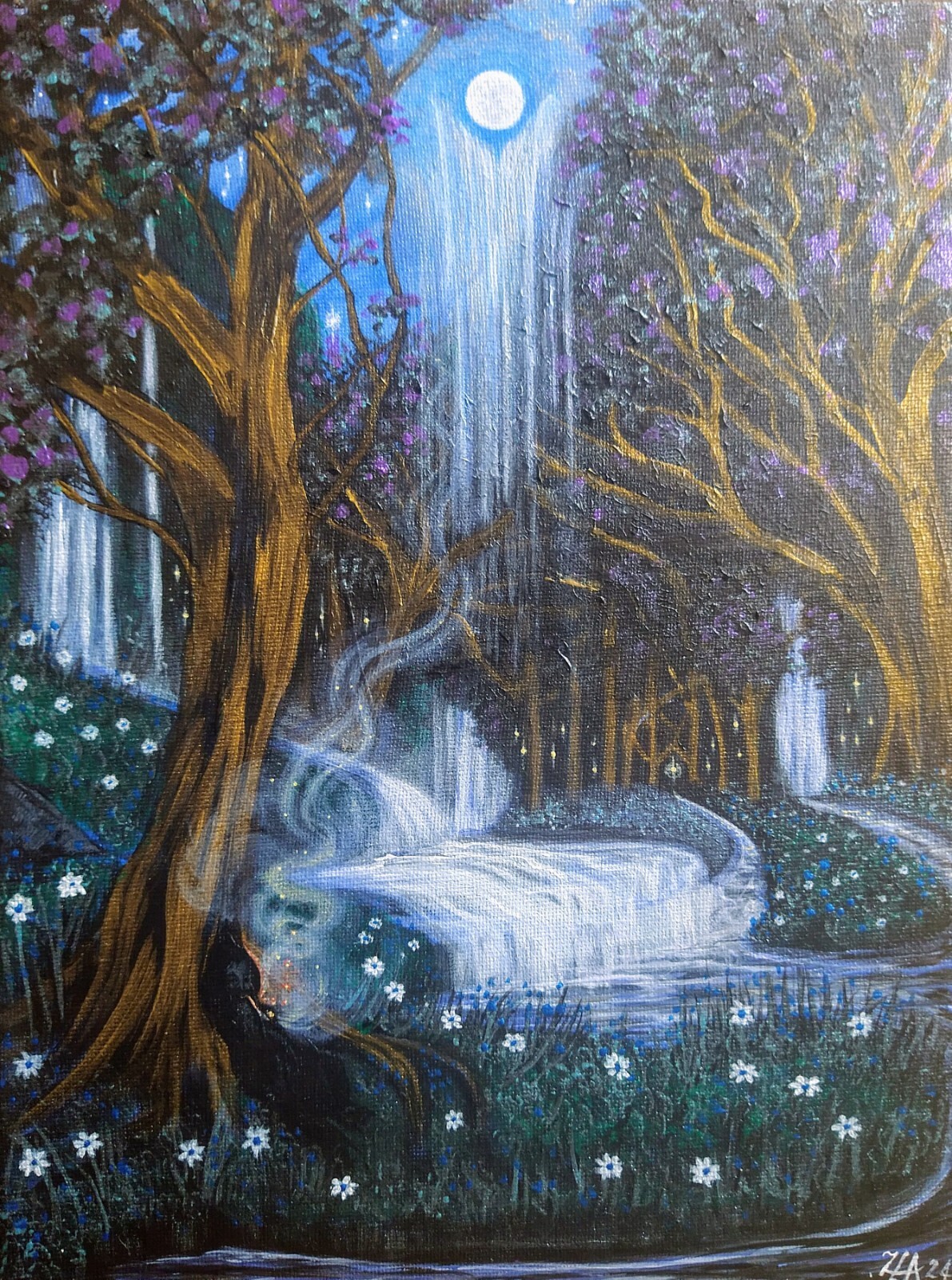 Dibujo hacia abajo de la luna. Magia lunar/pintura espiritual de Zoe Adams.