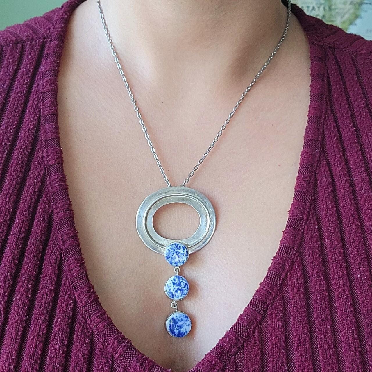 Vintage Silver Ceramic Bead Statement Necklace - image 3