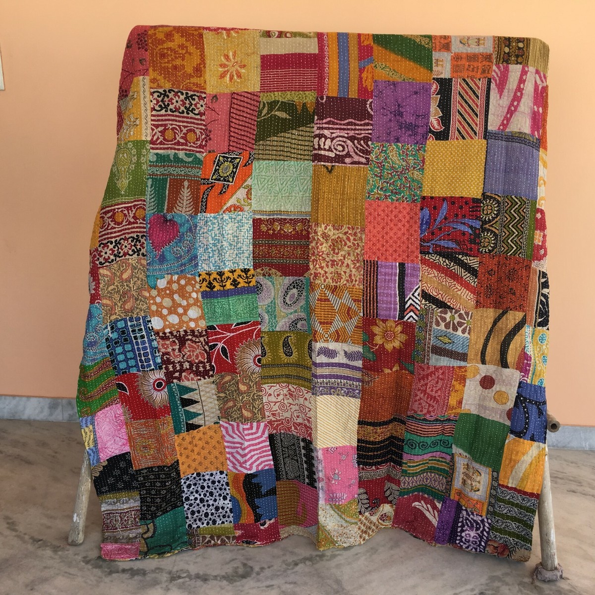 Indian Handmade Patchwork Single Size Cotton Kantha Quilt Throw