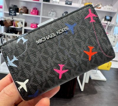 Michael Kors Jet Set Travel Bifold Zip Coin Card Wallet Leather Black